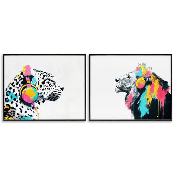 Stupell Industries Leopard and Lion On Air 2 Piece Black Framed Giclee Art Set, design by Svetlana Aleynikova