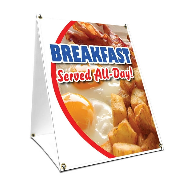 A-frame Sidewalk Breakfast Served All Day Sign With Graphics On Each Side | 18" X 24" Print Size