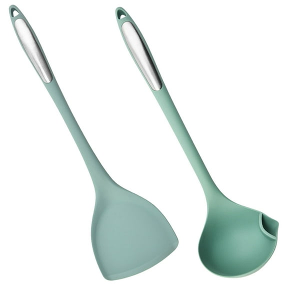 Kitandove Cooking Tools 1 Set Nonstick Heat Resistant Silicone Spatula and Slotted Spoon for Home Kitchen Use in Green