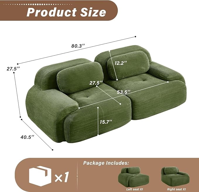 Howcool 80" Boneless Cloud Modular Loveseat, 2 Seater Vacuum Compressed No Assembly Sofa, Extra Deep Memory Foam Corduroy Sectional Couch for Living Room,Green