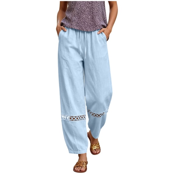 cocolona Womens Summer Lace Hollow Out Linen Pants Elastic Waist Straight Wide Leg Vacation Beach Trousers with Pocket