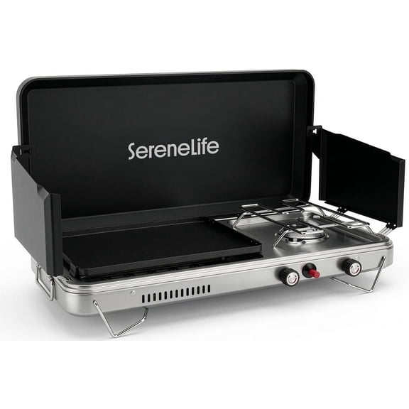 SereneLife 2-in-1 Propane Camping Stove with Griddle – Portable Camp Stove Combo, 10,000 BTU Burner & 5,000 BTU Griddle Plate for Camping, RV, Tailgating & Outdoor Cooking