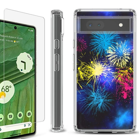 Shockproof Bumper Phone Case for Google Pixel 6a, with Tempered Glass Screen Protector, by OneToughShield ® - Fireworks