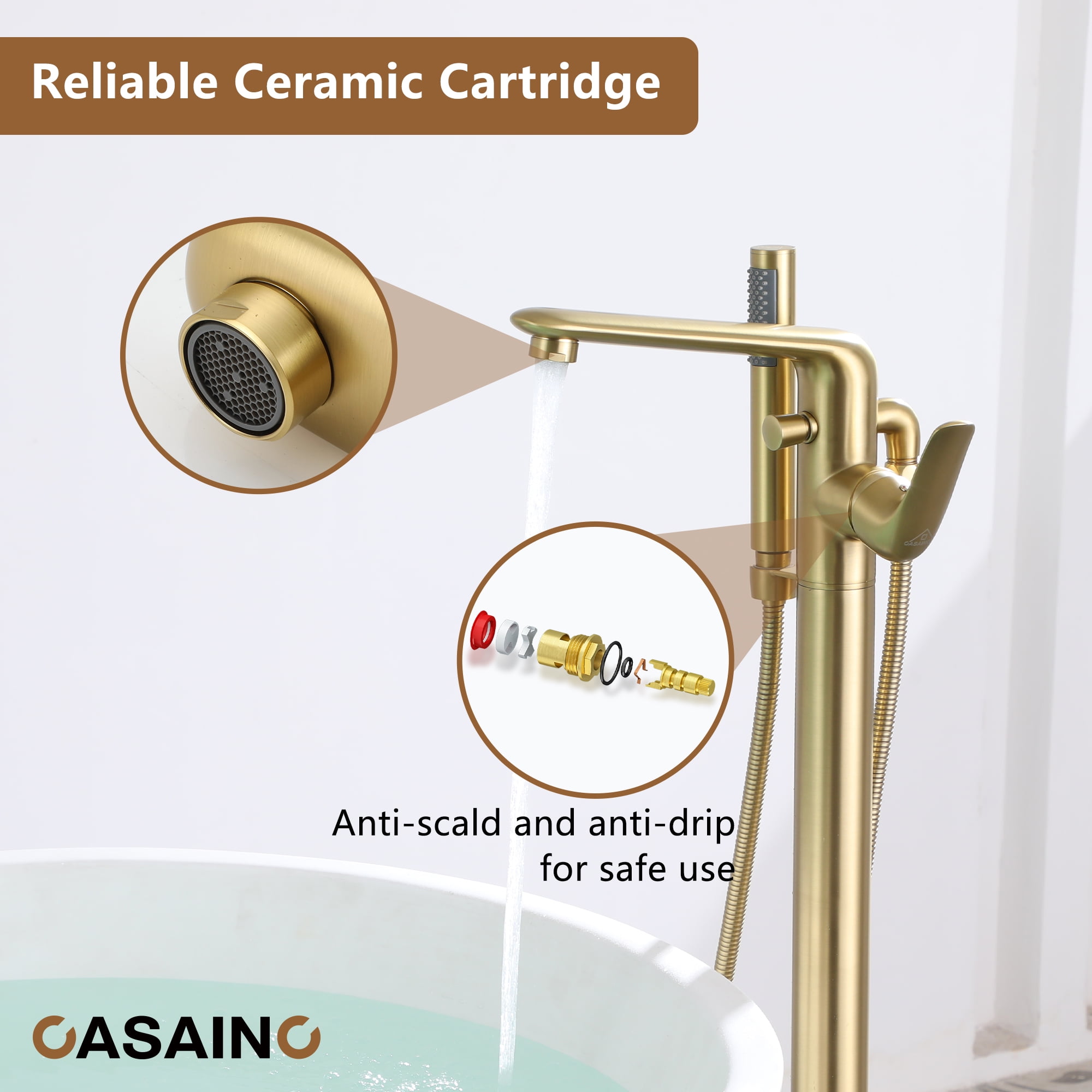 CASAINC Single-Handle Modern Floor Mount Freestanding Bathtub Faucet with Handheld Shower in Brushed Gold