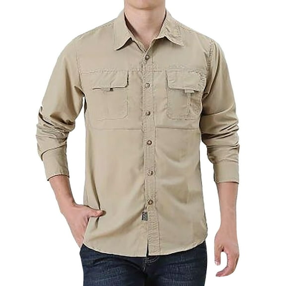 Aayomet Men's Dress Shirts Long Sleeve Travel Work Shirts Summer Button Down Shirts for Men (Khaki, XXXXL)