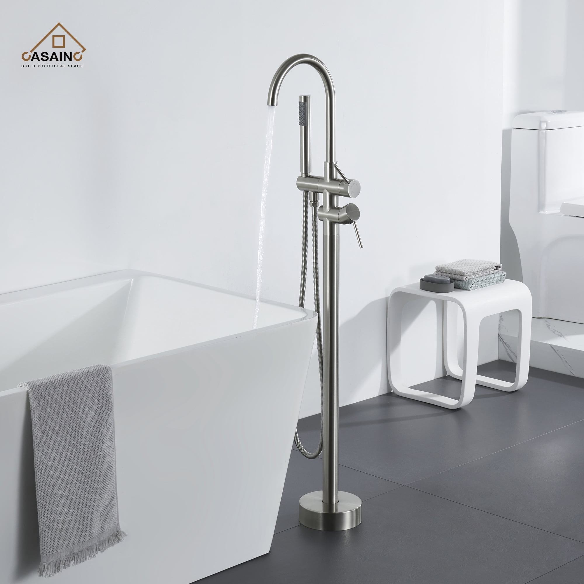 CASAINC 2-Handle Residentail Freestanding Bathtub Faucet with Hand Shower, Brushed Nickel