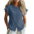 thumbnail image 2 of Neewe Women Loose Casual Short Sleeve Button Up Shirt Solid Color Blouse Round Neck Basic Collared Daily Top, 2 of 5