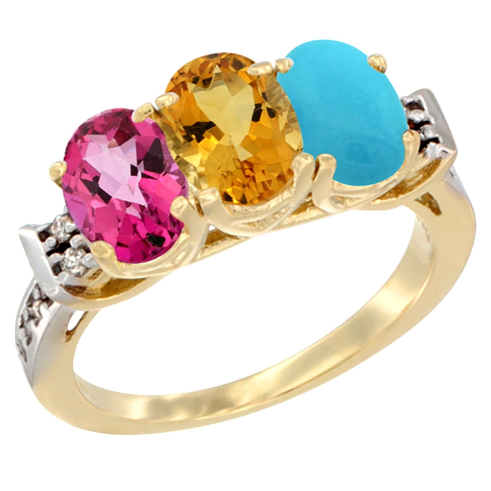 14K Yellow Gold Natural Pink Topaz, Citrine & Turquoise Ring 3-Stone 7x5 mm Oval Diamond Accent, sizes 5 10 by WorldJewels