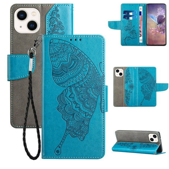 Nalacover Wallet Case for iPhone 14, Butterfly Embossed Pattern Luxury PU Leather Magnetic Flip Folio Cover with Card Slots Holder Kickstand Wrist Strap Soft Silicone Shockproof Case,Blue