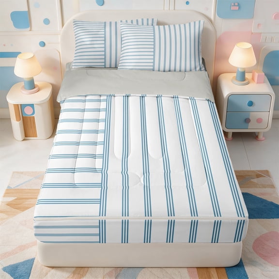 Erosebridal Minimalist Geometric Stripes Zipper Twin Comforter Sets with Fitted Sheet and 2 Pillowcases,Abstract Striped Zipper Bedding Set,Light Gray Reversible,4 Pieces