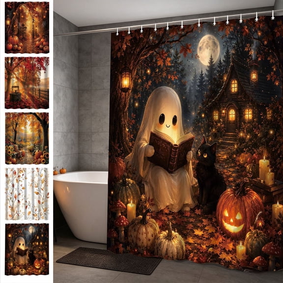AOMXGD Halloween Fall Themed Polyester Shower Curtain, 71x59In Water Resistant Bath Curtain With Mounting Hooks For Home Bathtub Bathroom Styling