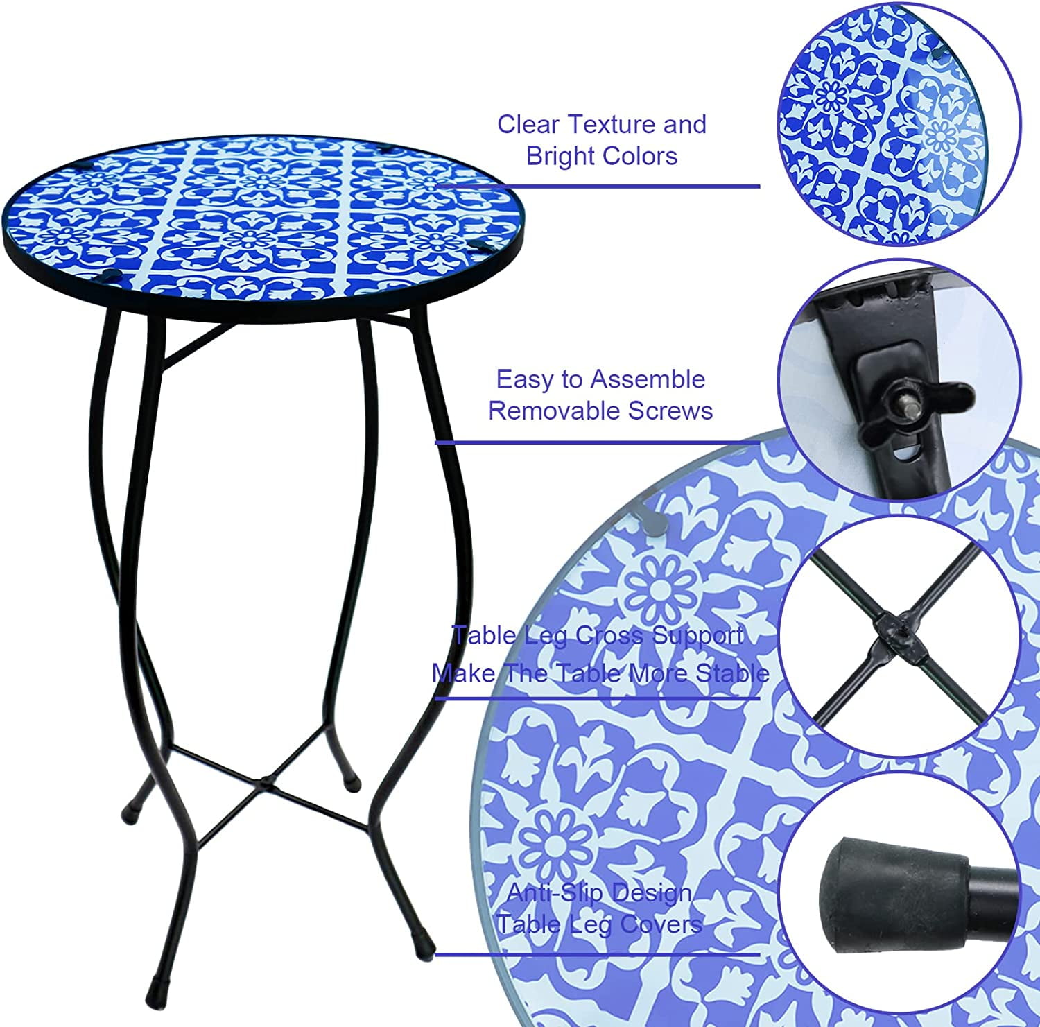 Aboxoo Mosaic Collection Outdoor Modern Functional Art Glass Round End Table, Purple White