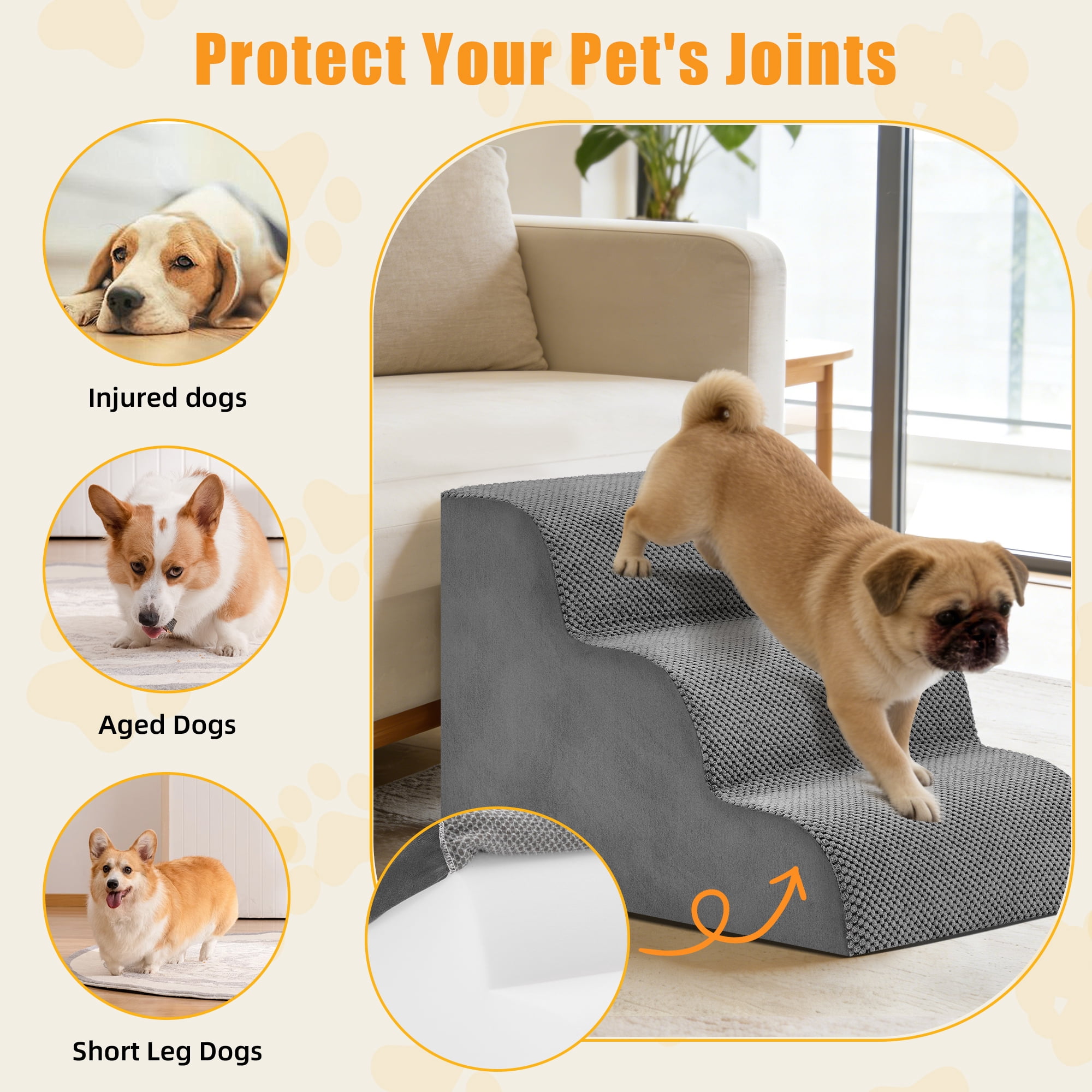Gianna 17" Dog Stairs for Bed, 3-Step Non-Slip Pet Steps for Small Dogs and Cats, Indoor, Grey