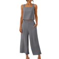 thumbnail image 3 of Women's 2 Piece Cotton Linen Set, Sleeveless Square Neck Tank Top and Elastic Waist Wide Leg Pants with Pockets, Matching Lounge Set, Summer Casual and Vacation Outfit-Light Ashy, 3 of 10