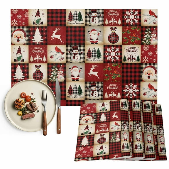 Vintage Christmas Plaid Pattern Placemats Set of 4, Snowmen Santa Deer Table Mats Washable Heat-Insulation Non-Slip Place Mats for Kitchen Dinner Table Indoor Outdoor Decor,13x19 Inch