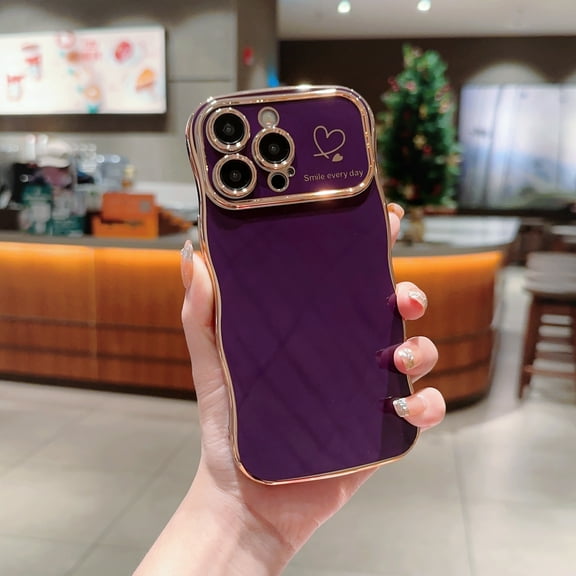 For iPhone 13 Pro Max Case,for Women Girls Soft Cute Wave Frame Curly Shape Love Heart Luxury Plating Phone Case,Luxury Slim Plating EdgeCase,Anti-slip Grip,Full camera lens protection,Darkpurple