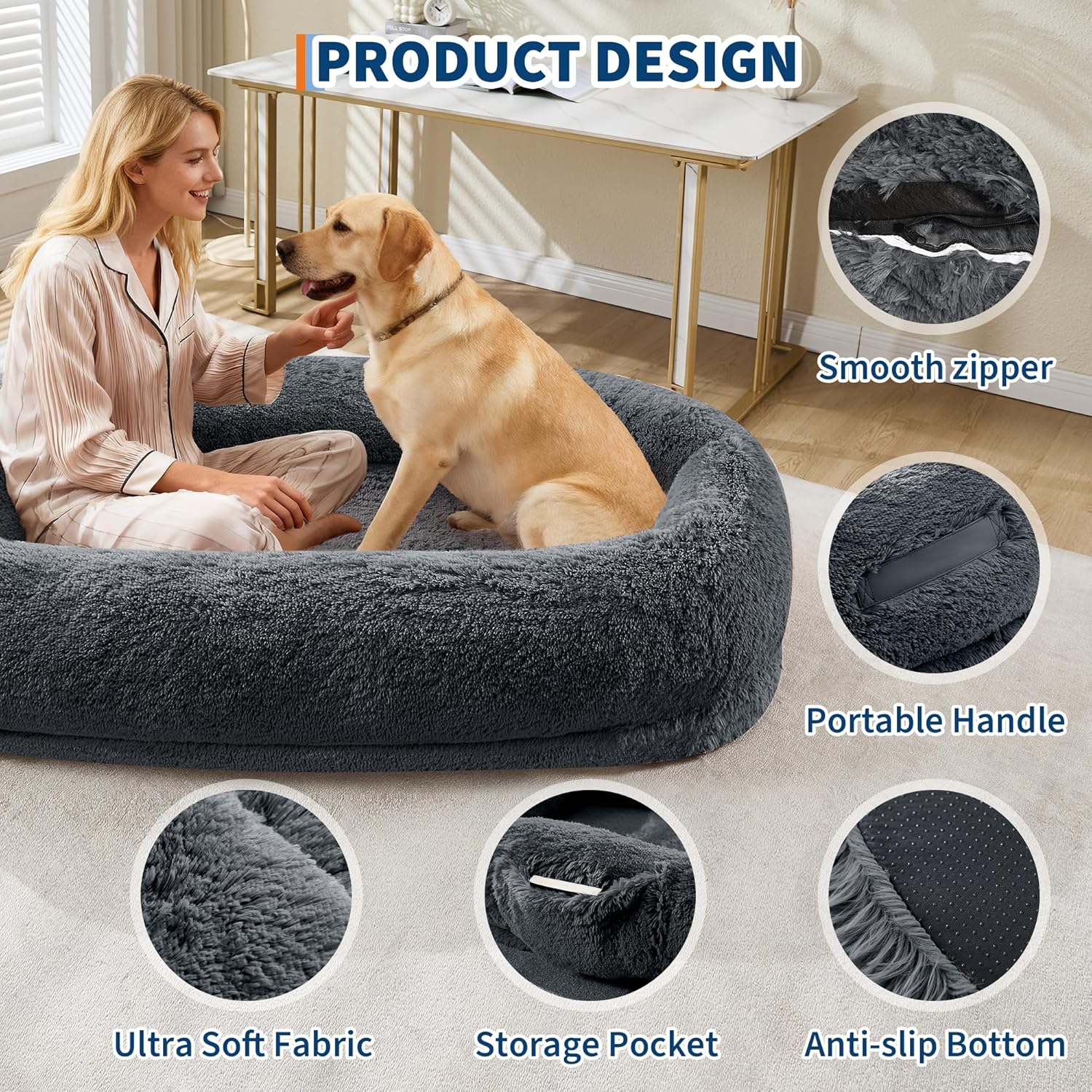 Acekid Human Dog Bed 67 Inch Adult Pets No Assembly Required Washable Fluffy Faux Fur Orthopedic Dog Bed Plump Pi