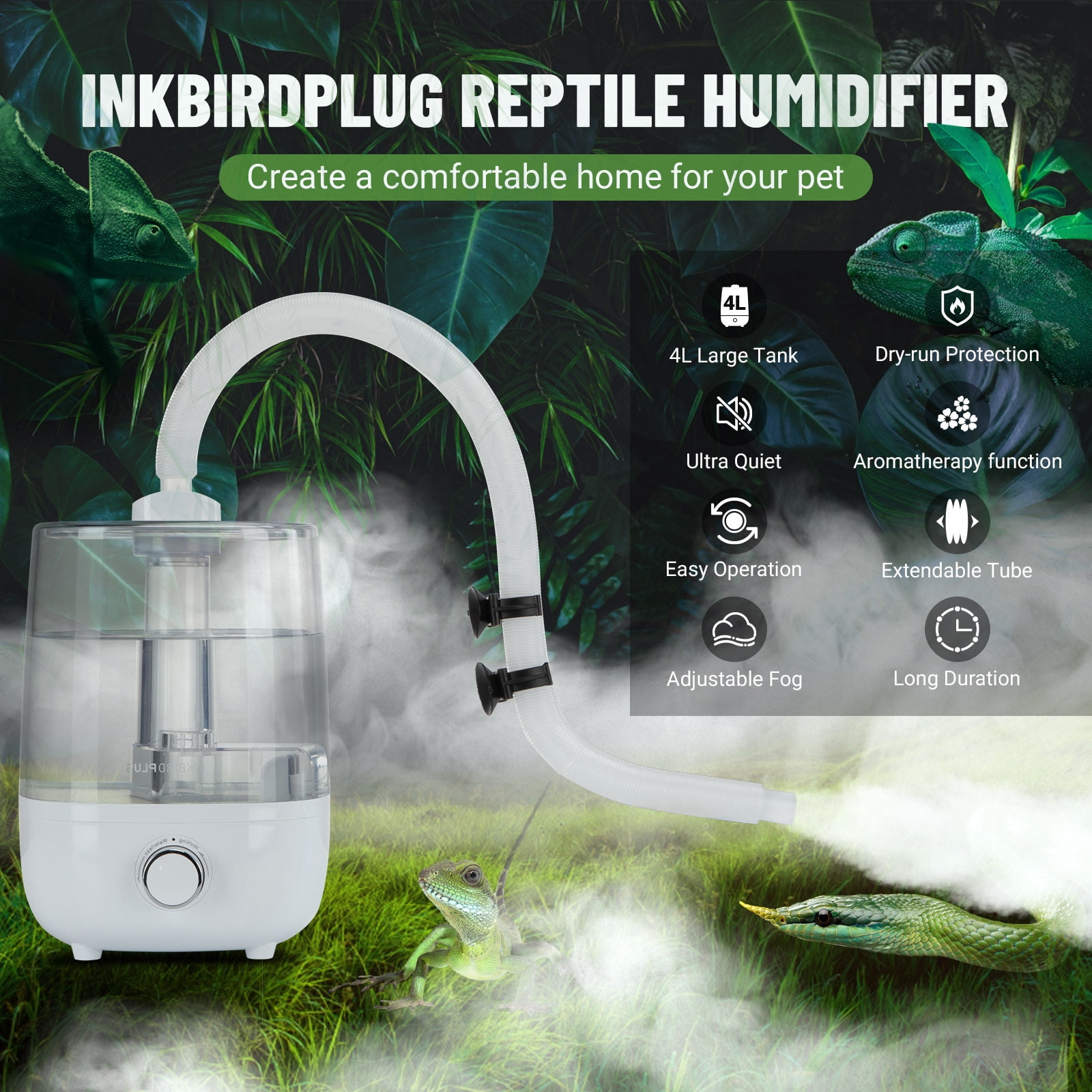 INKBIRDPLUS Reptile Humidifier, Terrarium Fogger With 4L Large Tank, Extendable Tube, Ultra Quiet Mister With Dry-Run Protection, Ideal For Reptiles, Amphibians, Wet Plants