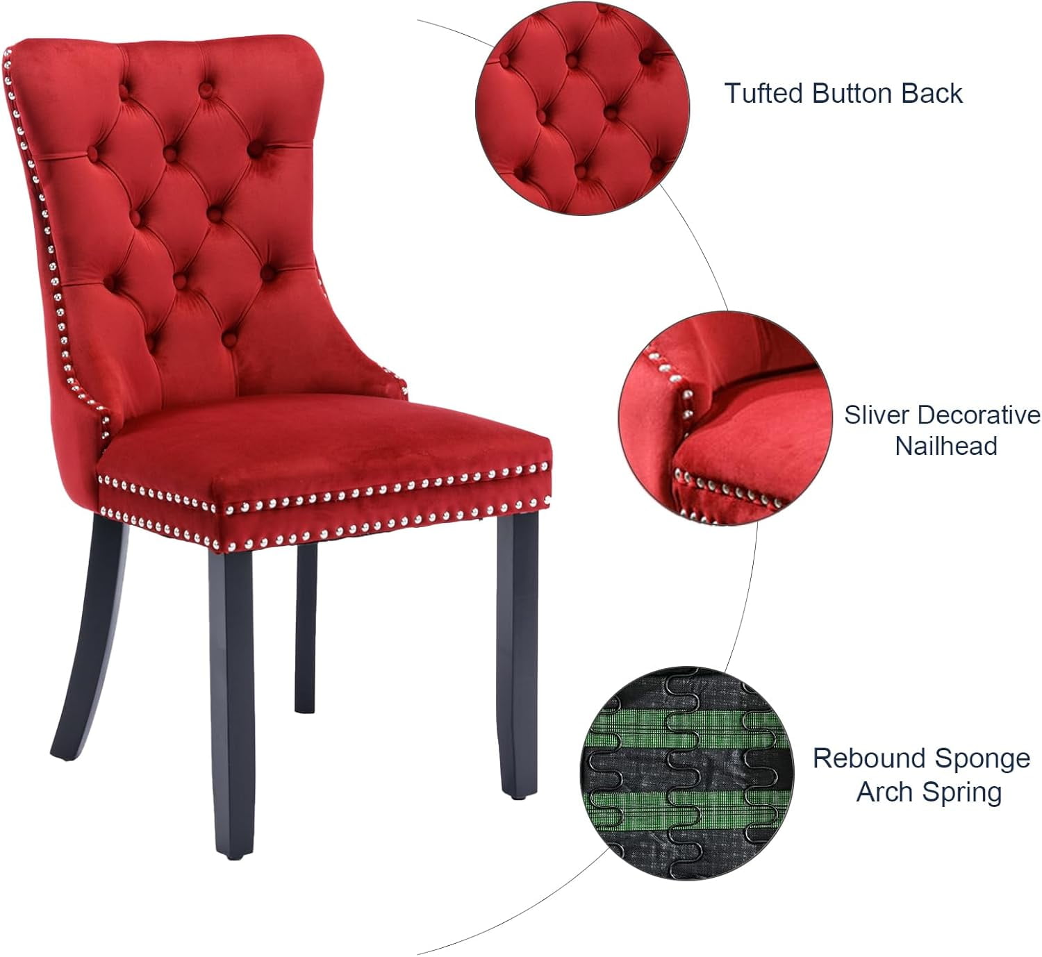 MOONMISS Dining Chairs 2-Pcs Set, High-end Velvet Upholstered Accent Chairs Button Tufted Dining Chairs with Back Ring Pull and Nailhead Trim,Red