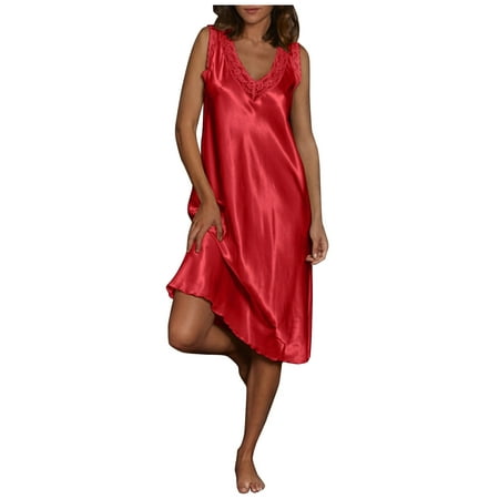 

B91xZ Sexy Pajamas For WomenWomens Sleepwear Nightgowns V Neck Dress Homewear Pajamas Mid Chemise Lingerie for Women Red S