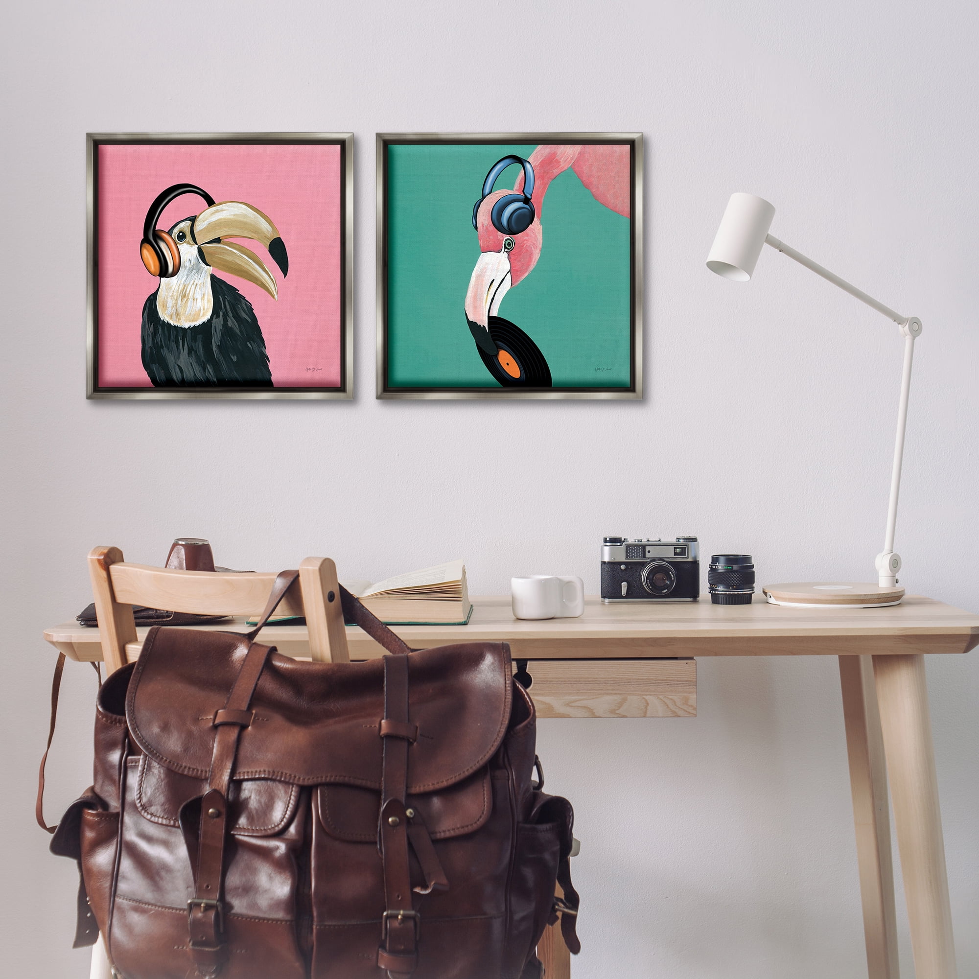 Stupell Industries Toucan and Flamingo Musical Pals Animals Painting Gray Floater Framed Canvas Art Print Wall Art, 18 x 18, Set of 2