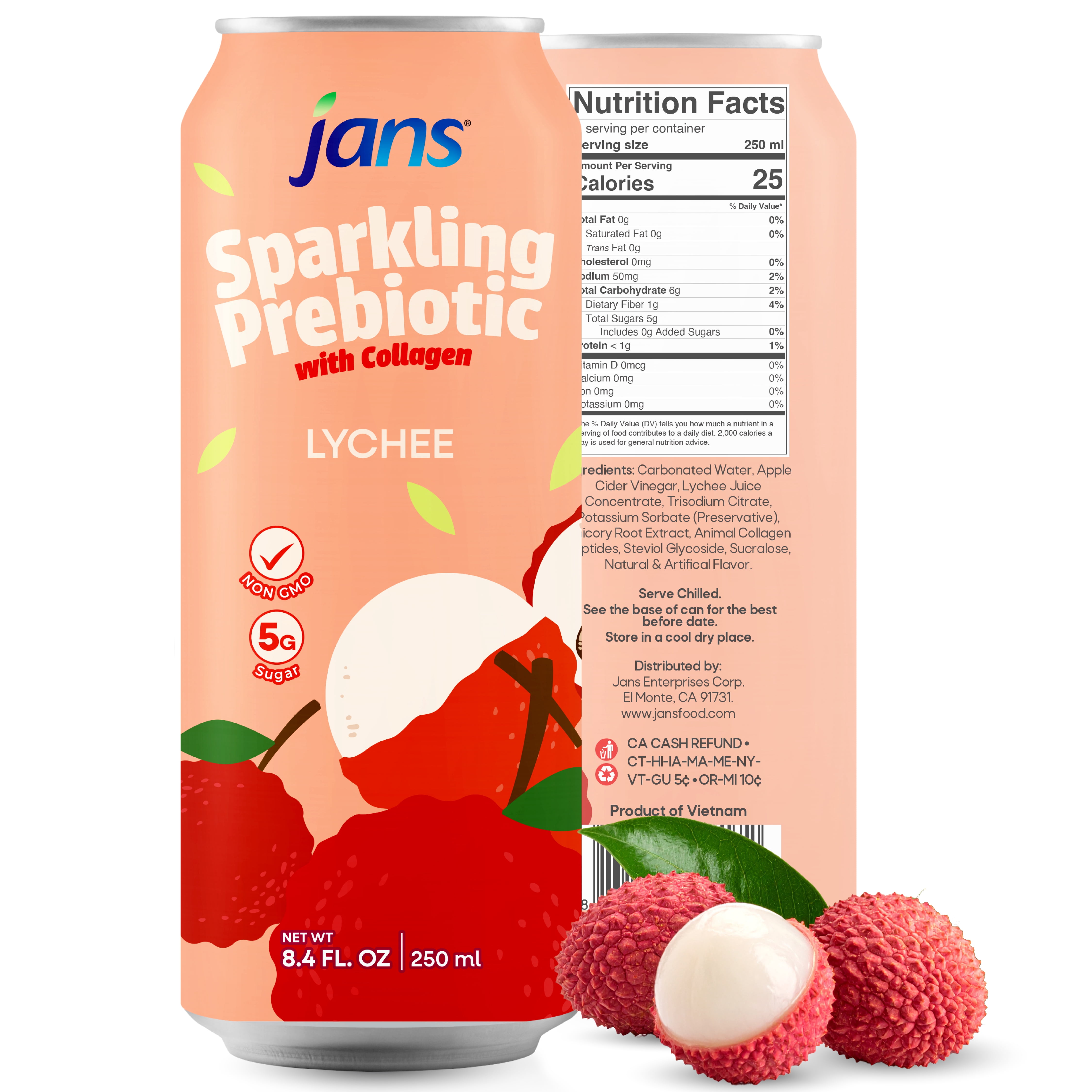 Jans Sparkling Prebiotic Soda Beverage, 8.4 oz Cans – Low Calorie, No Added Sugar – Non-GMO Sparkling Fruit Beverage – Gut Health Support – Naturally Refreshing (6-Pack, Lychee with Collagen)