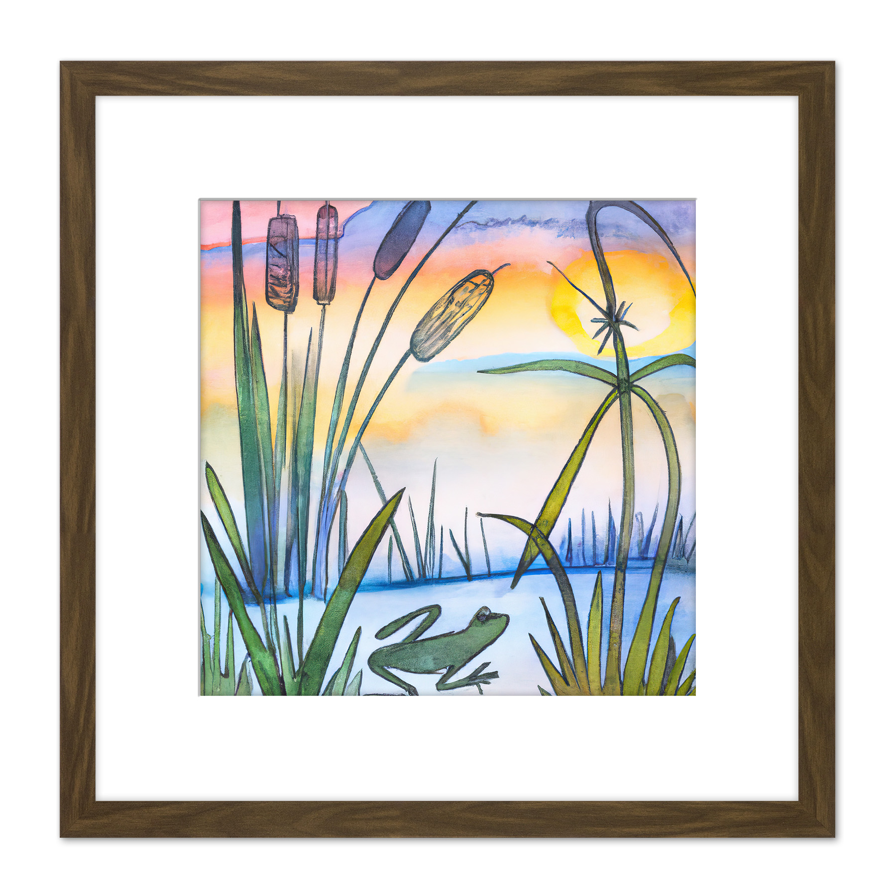 Frog and Bulrushes Pond Wildlife at Sunrise Sunset Oil Painting Square ...