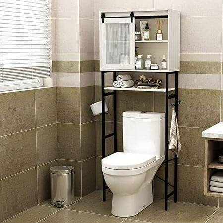 

Over The Toilet Cabinet with Sliding Door Over Toilet Bathroom Organizer with Adjustable Toilet Paper Holder and 3 Hanging Space Saver White