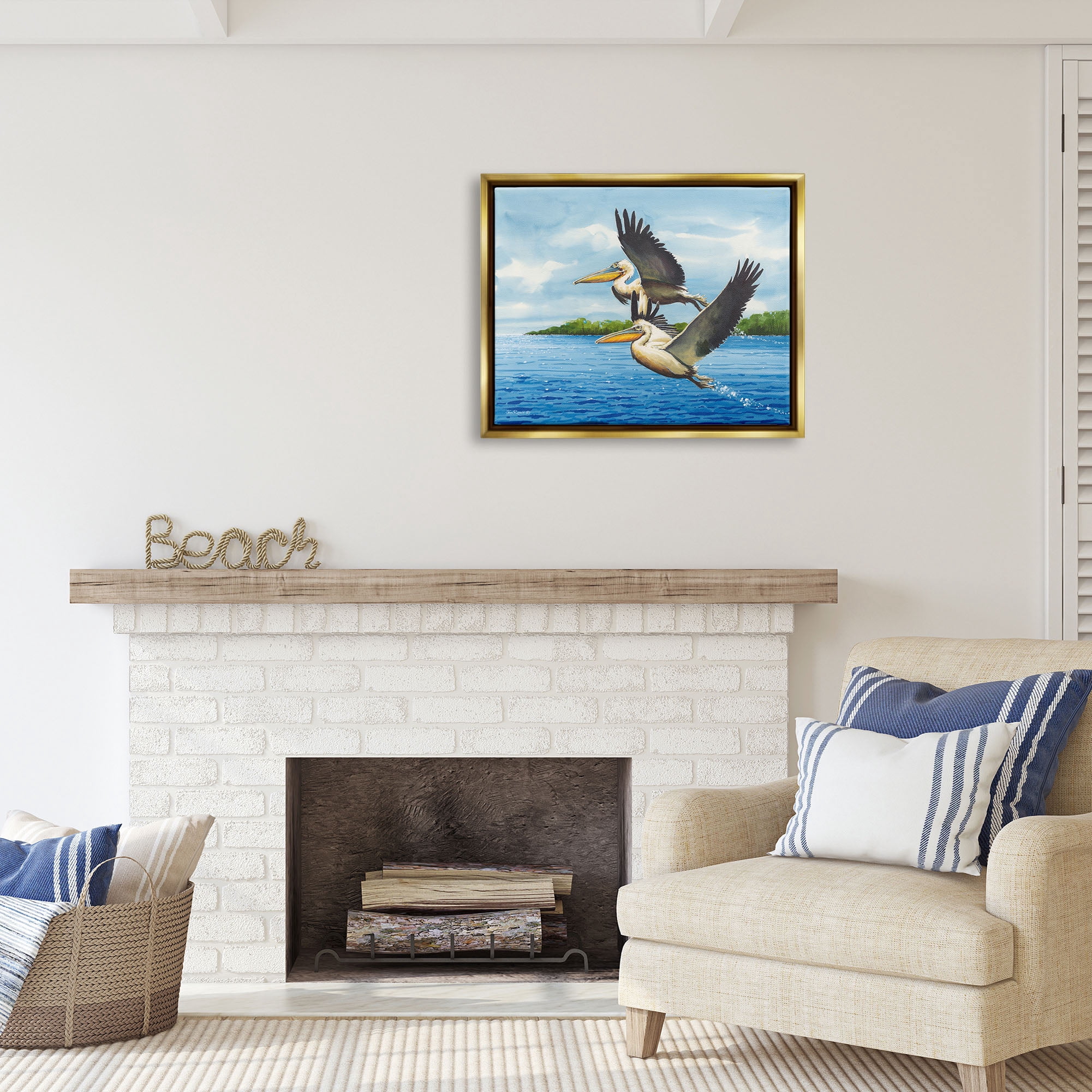 Stupell Industries Splashing Pelicans Flying Animals & Insects Painting Gold Floater Framed Art Print Wall Art, 31 x 25