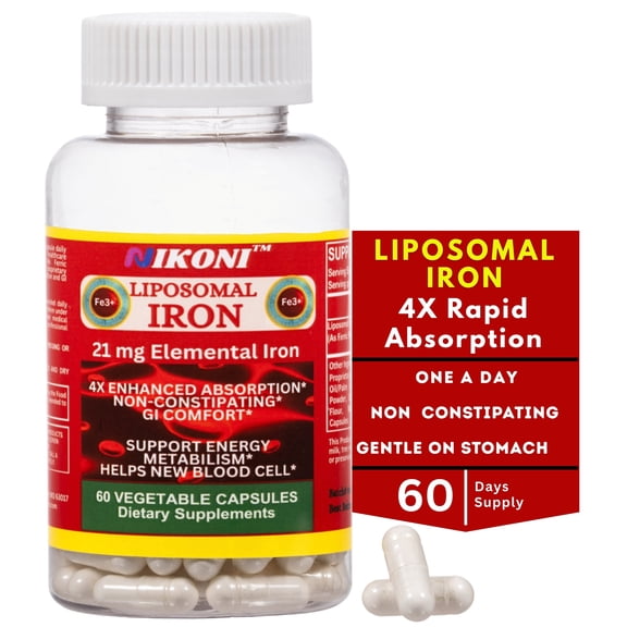 Nikoni Liposomal Iron Supplement Promotes Energy Women's & Men's Health Gluten-Free 60 Vegan Capsules