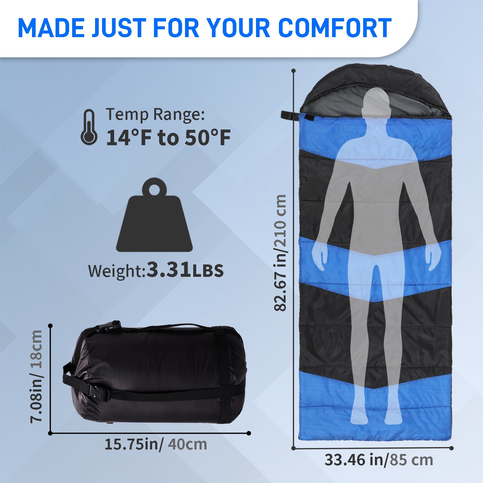 Ktaxon Heated Sleeping Bag,  Rectangular Lightweight Sleeping Bag with USB Powered Heating Pads for 14-50 °F, Compact Envelope Sleeping Bag for Camping Picnic Hiking, Blue