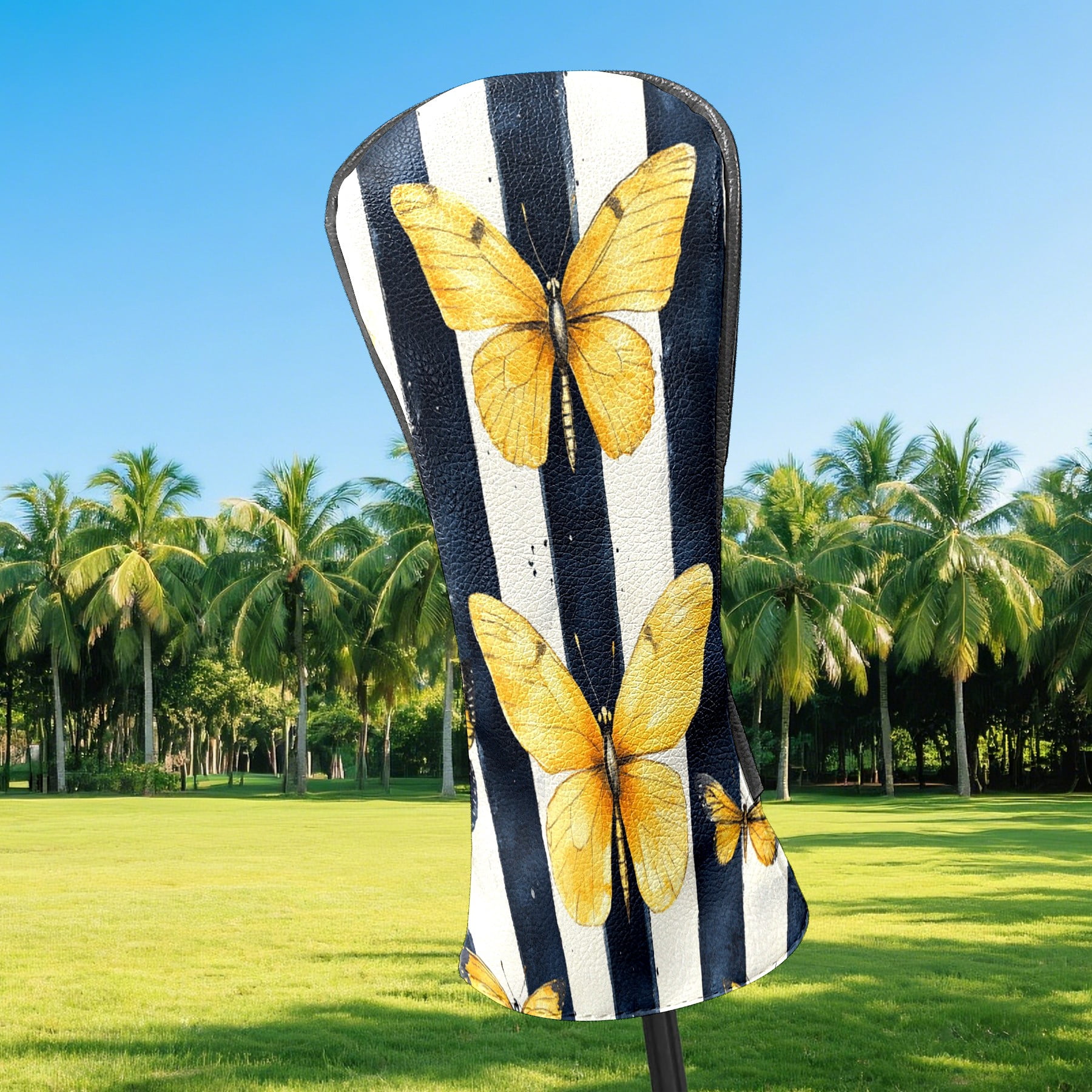 Golf Club Covers PU Leather Waterproof Head Covers for Fairway Woods Hybrids Yellow Butterfly Unisex Fits Most Brands