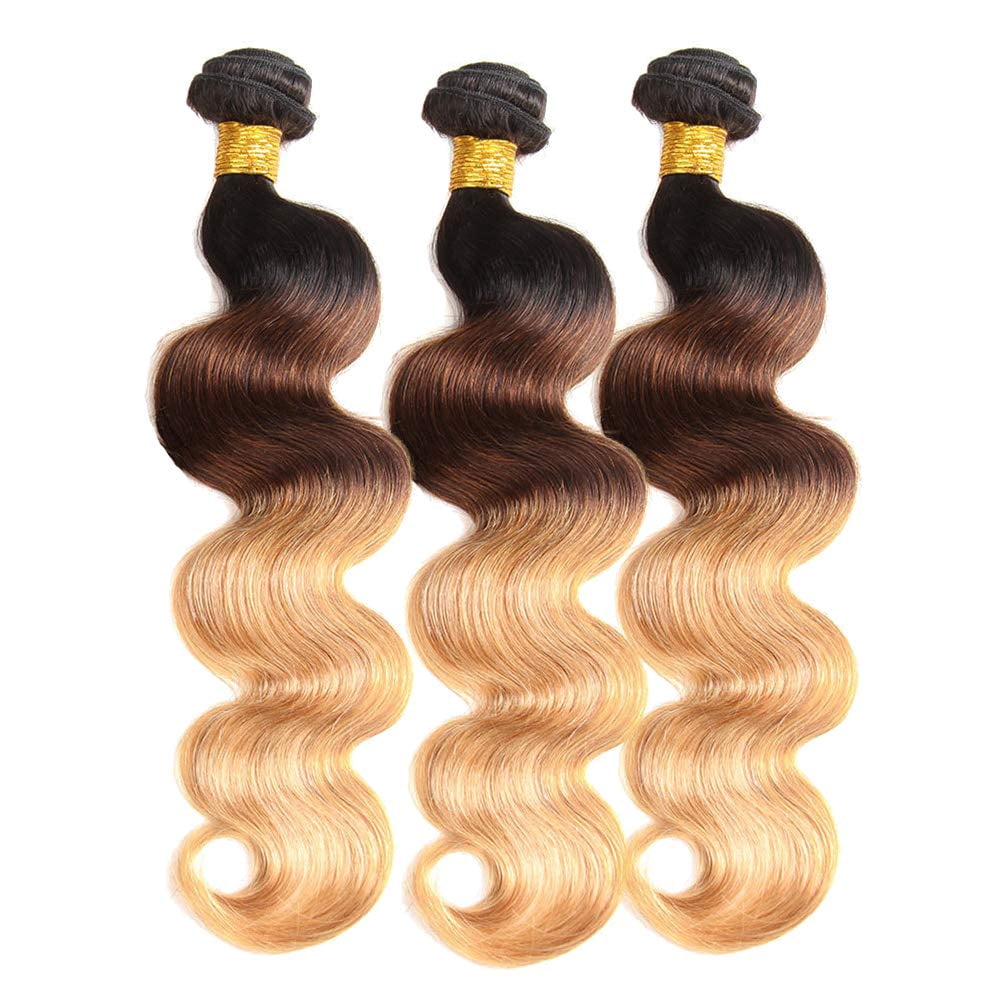 Unique Bargains Ombre Three Town#1B/4/27 Color Black Brown Blonde Brazilian 3 Bundles 100% Human Hair 10"12"14"inch