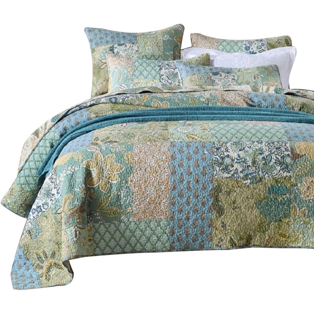 Green Patchwork Quilt Cover Sets King Size, Cotton Quilted Bedspread