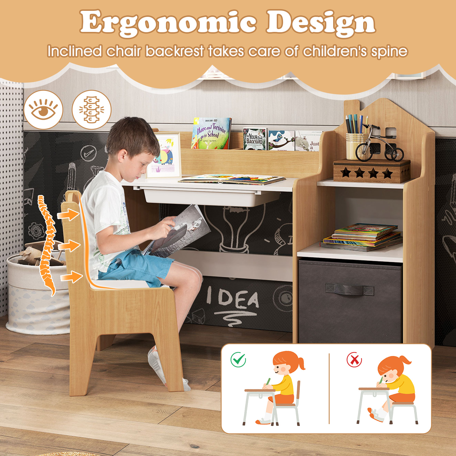 Patiojoy Kids Study Desk and Chair Set Children Study Table w/Open Shelves