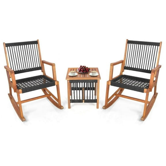 Spaco 3 Pieces Acacia Wood Rocking Bistro Set, Patio Conversation Table and Chair Set with Hand Woven Rope, Black Brown