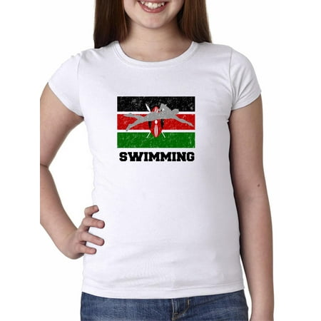 Kenya - Olympic - Swimming - Flag - Silhouette Girl's Cotton Youth T-Shirt