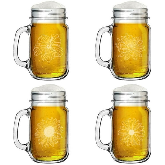 16oz Mason Jar Glass Mug w/Handle Gift Set of 4 Flower Floral Collection