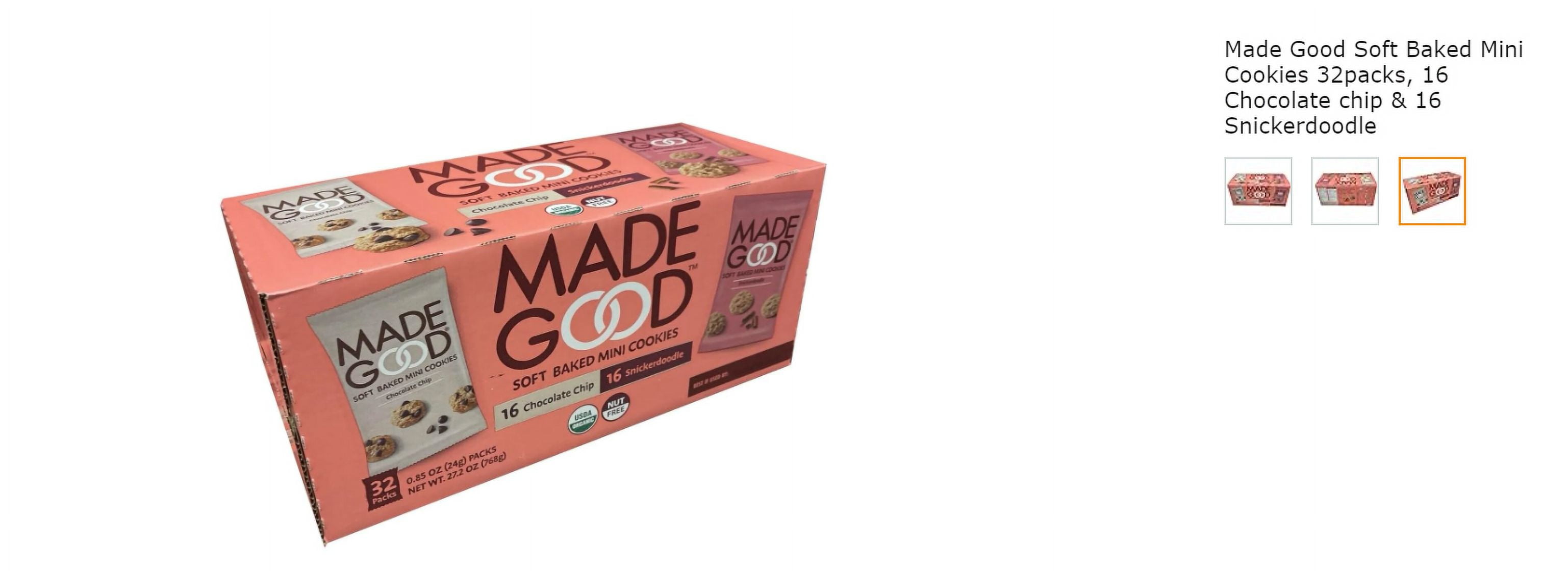 Made Good Soft Baked Mini Cookies 32packs, 16 Chocolate chip & 16 Snickerdoodle USDA Organic