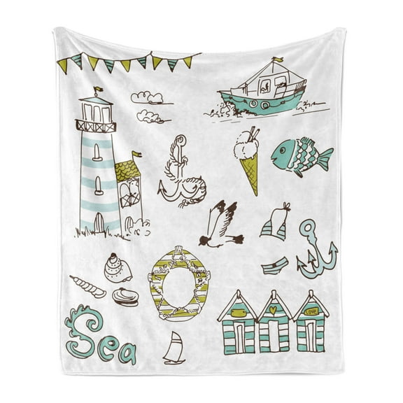 Nautical Soft Flannel Fleece Throw Blanket, Marine Elements Fish Lighthouse Anchor Vessel Swimsuit Gulls Life Print, Cozy Plush for Indoor and Outdoor Use, 70" x 90", Pale Green Yellow, by Ambesonne