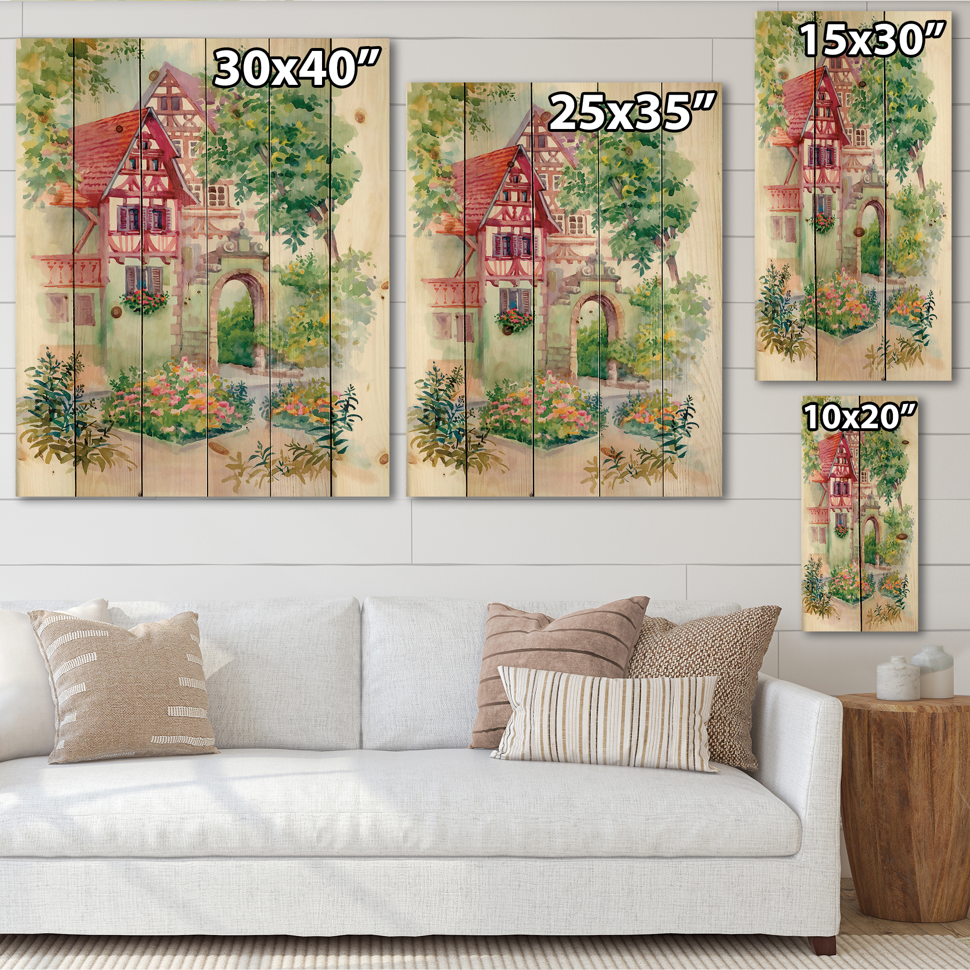 Designart 'Red Rustic House In The Country Side Landscape' Traditional Print on Natural Pine Wood