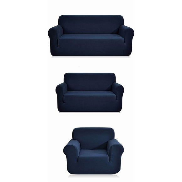 Luxury Home Collection Stretch Fabric Slipcover Set Solid (Navy Blue, 3 Pce (Sofa+Love-Seat+Chair))