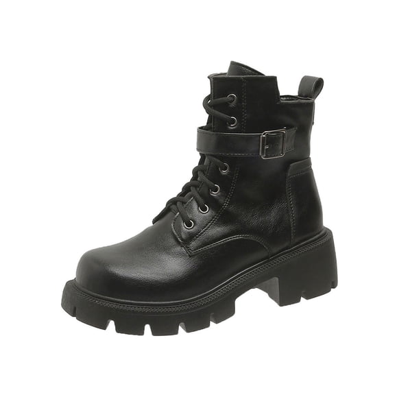 Black Ladies Round Toe Lace Up Boots With Chunky Mid Heel For Casual Winter Wear