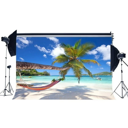 Image of ABPHOTO Polyester 7x5ft Seaside Sand Beach Backdrop Coconut Trees Blue Sky White Cloud Nature Ocean Sailing Summer Journey Photography Background for Kids Adults Wedding Party Photo Studio Props