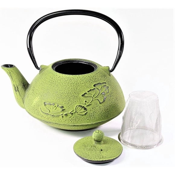 Japanese Antique 24 fl oz Green Ginkgo Leaf Cast Iron Teapot Tetsubin with Infuser