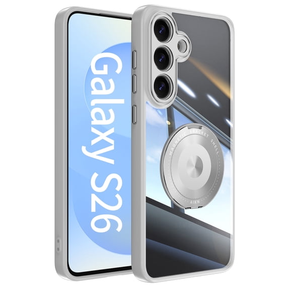 Designed for Samsung Galaxy S26 Crystal Clear Back Case, Luxury Case with Lens Protector Drop Protective Magnetic Rotating Ring Kickstand Shockproof Thin Fit Phone Case Cover, Gray