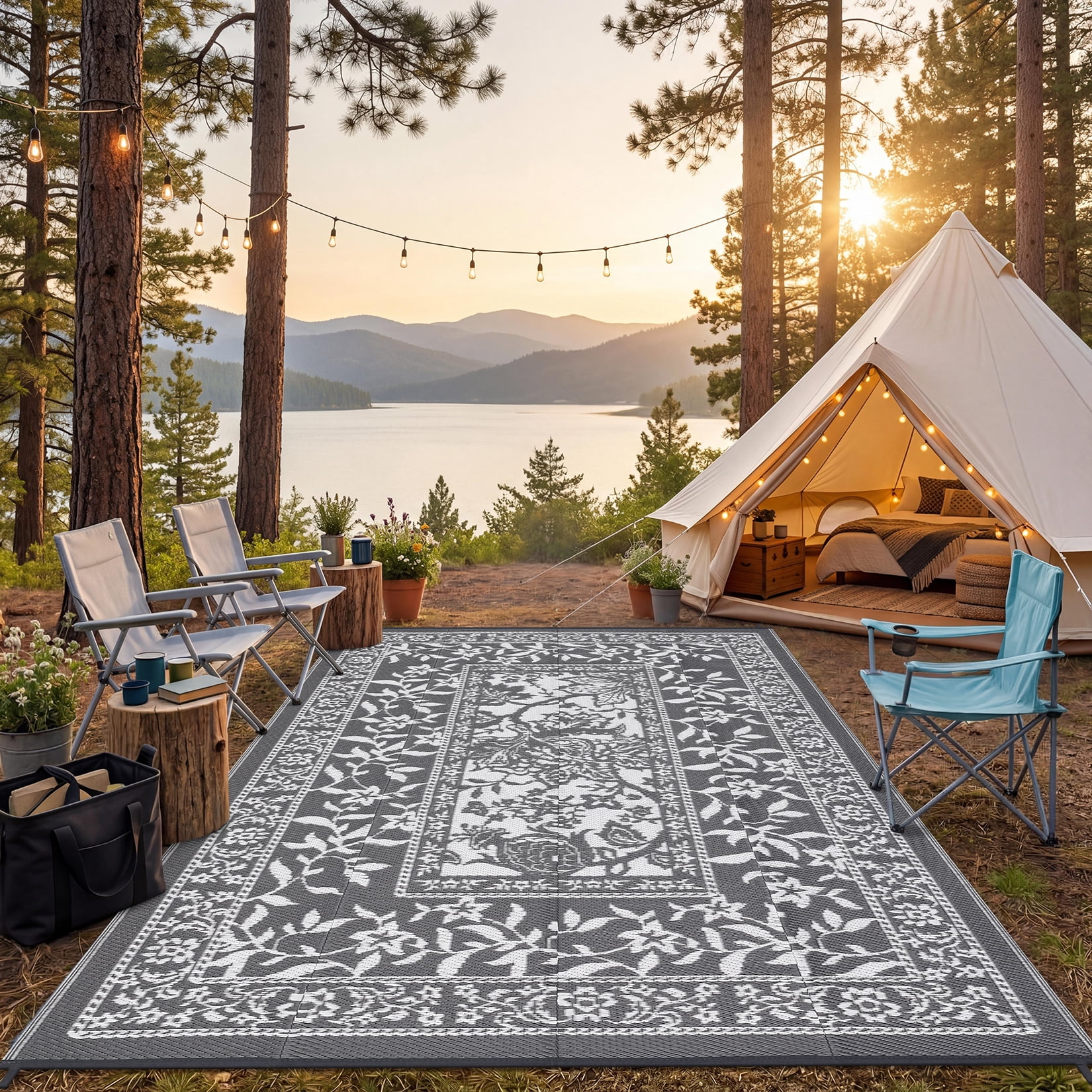 Outdoor Rug, Patio Waterproof, Reversible Plastic Straw Camping Rug, Botanical Grove Vintage Cottage core Outdoor Mat for RV, Deck, Picnic, Beach