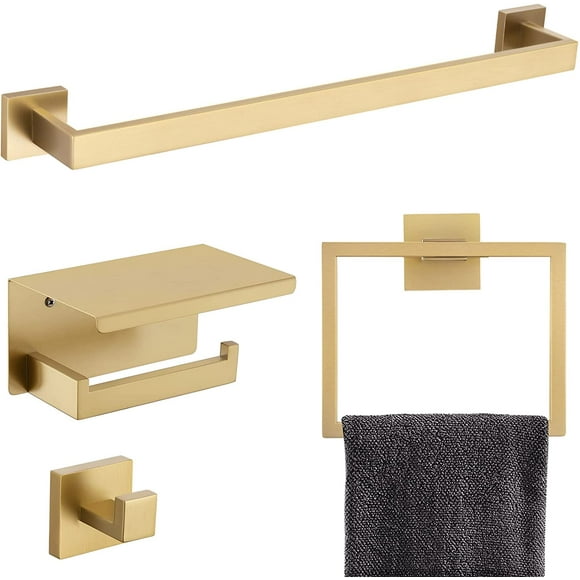 EcoNesxp High Quality Stainless Steel 4-Piece Set Brushed Gold Bathroom Towel Bar Rack Set Brushed Deep Gold 4-Piece Set