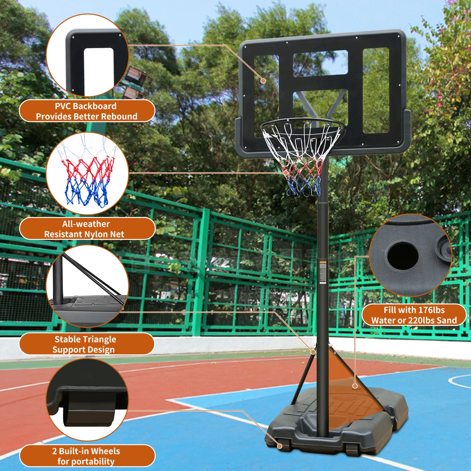 Use for Outdoor Height Adjustable 4.8 to 7.7ft Basketball Hoop 44 Inch Backboard Portable Basketball Goal System with Stable Base and Wheels