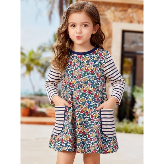 HILEELANG toddle Girls Long Sleeved Dresses Christmas Winter Cotton Casual Cute Party Cartoon Animal Unicorn Pattern Dress 4Y